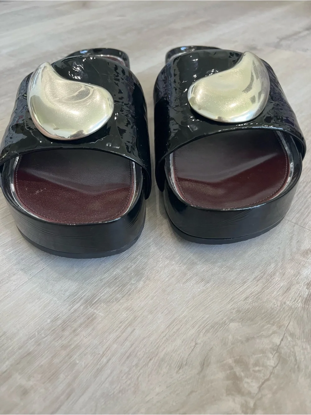 Tory Burch Patos Platform Slide Sandals Black Patent 9 New NWOB Modern Luxury